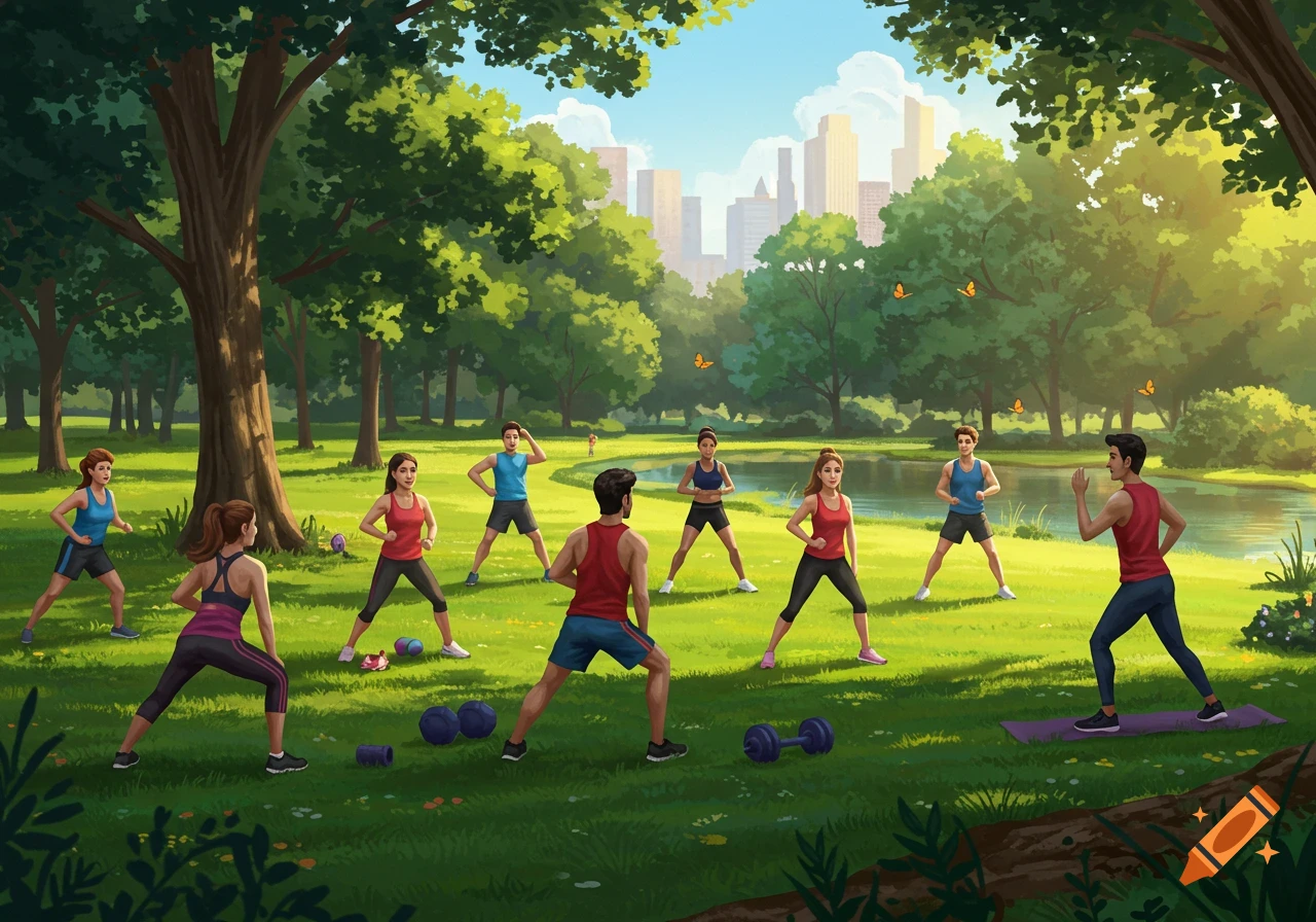 A group of people doing a fitness bootcamp in a sunny park with a city skyline in the background, in an illustrative style.