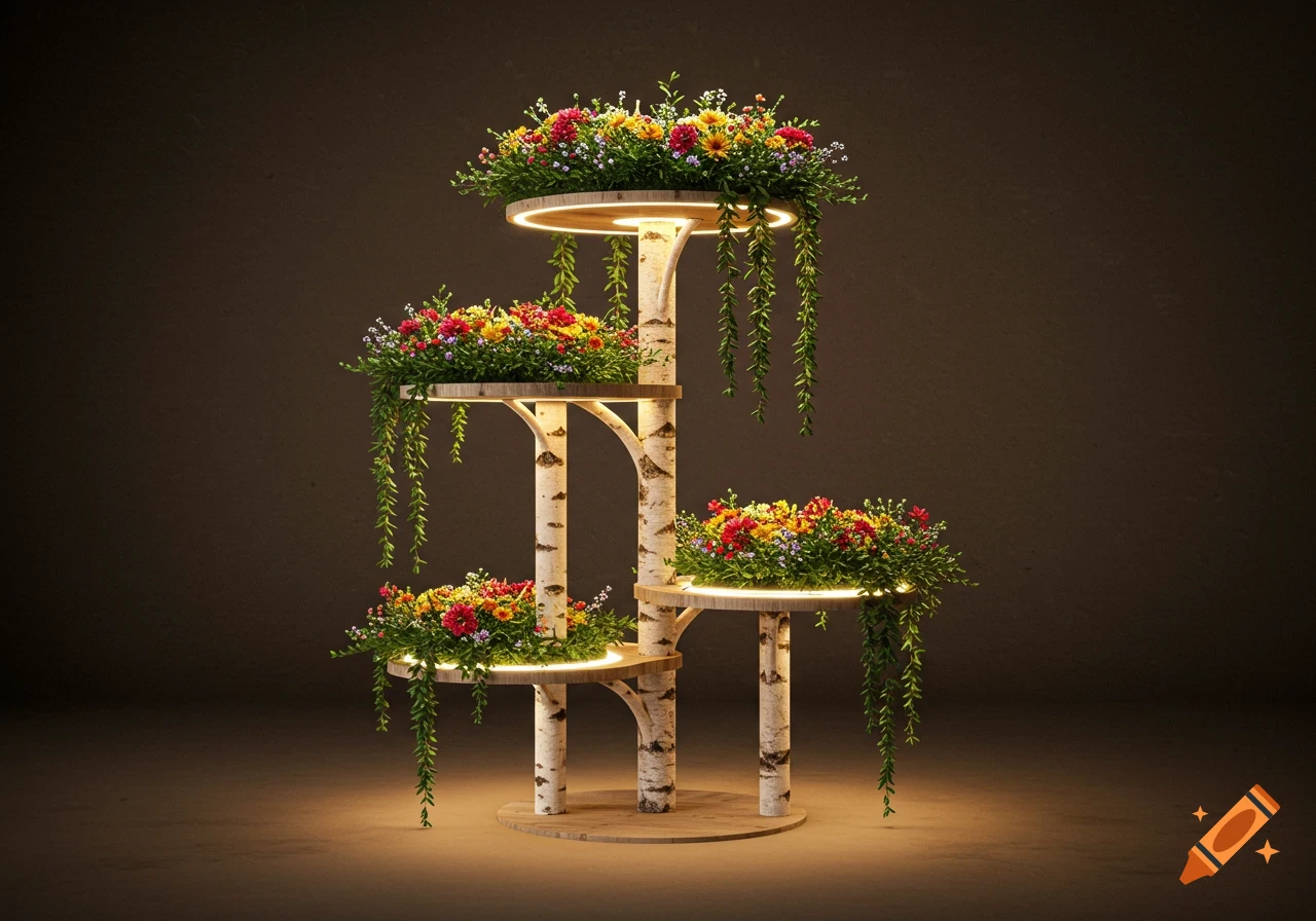 A modern, three-tiered birch wood plant stand with bright flowers, hanging vines, and illuminated shelves, against a dark background.