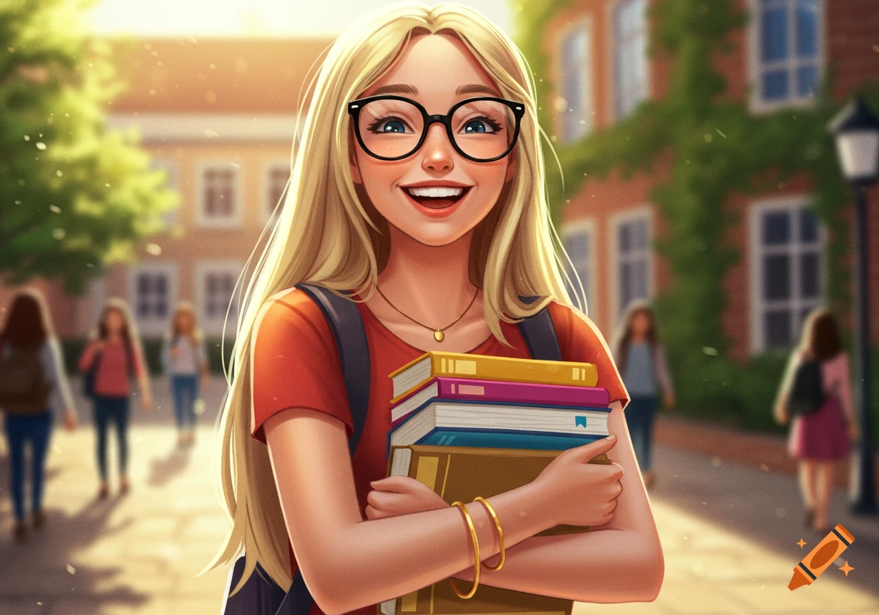 A happy blonde female student wearing glasses, a red shirt, and a backpack, holding books on a sunny college campus, in a bright cartoon style.