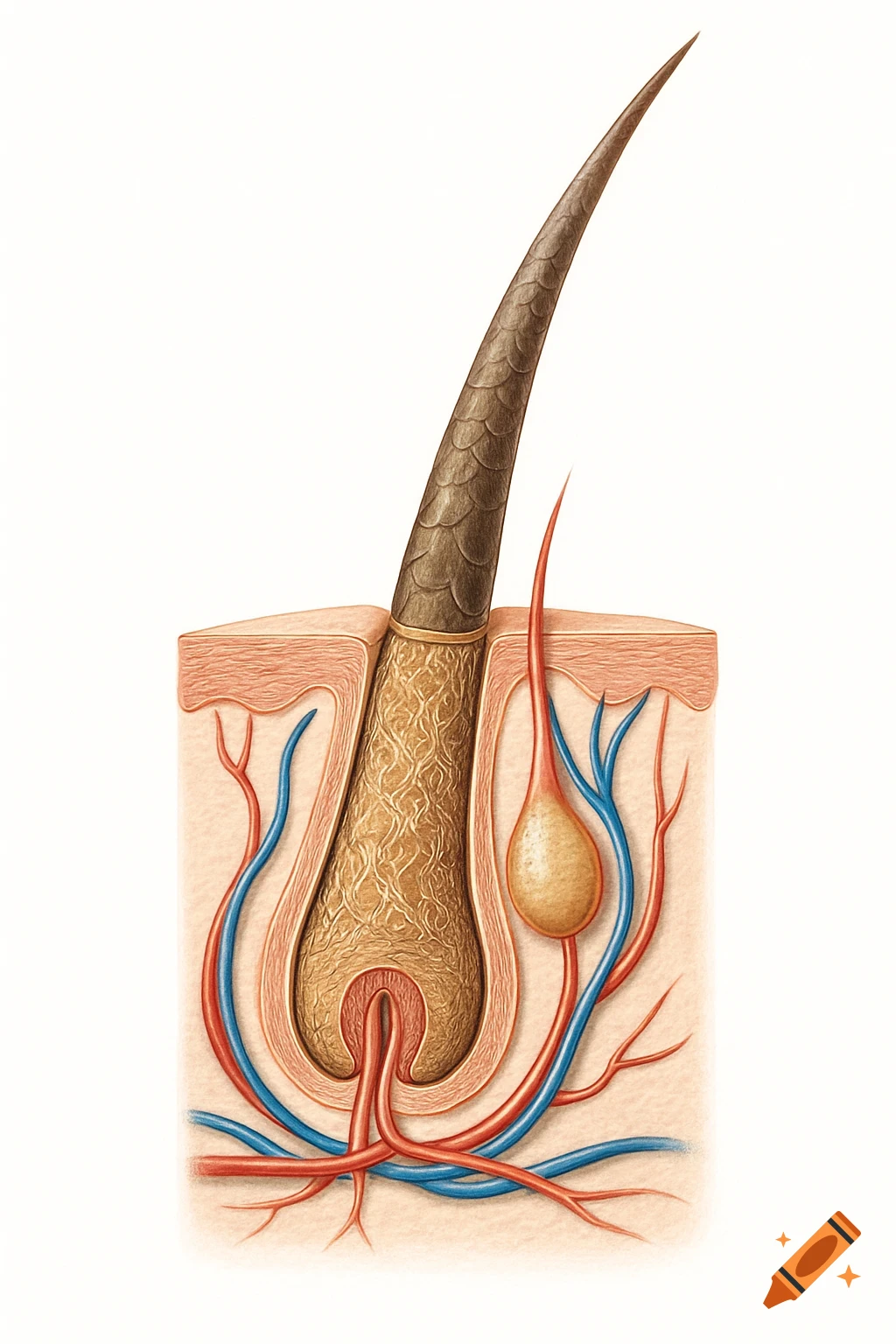 Detailed diagram of a hair follicle embedded in skin, showing sebaceous gland and blood vessels.