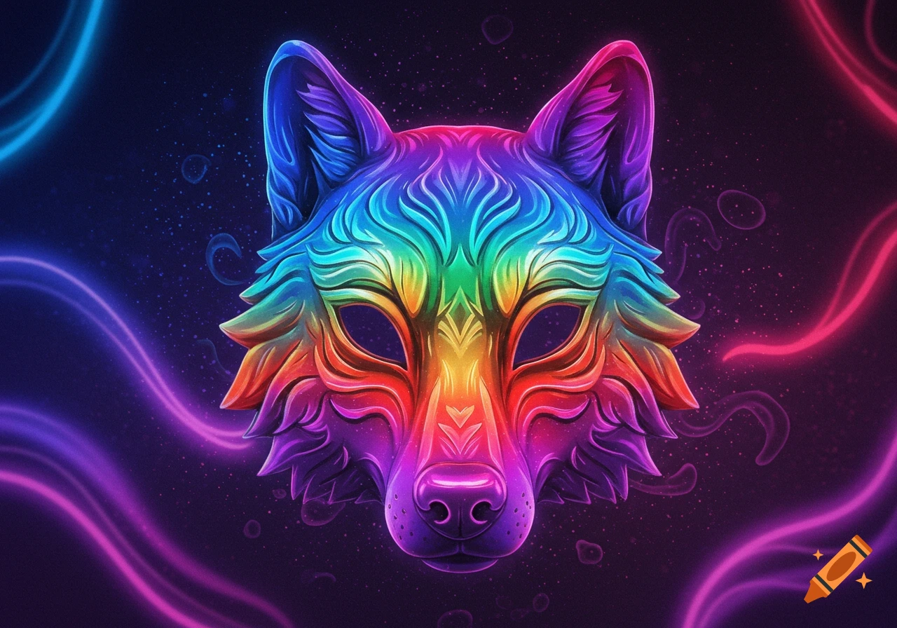 A vibrant, stylized wolf mask in rainbow colors, glowing with neon outlines, against a dark, starry background.