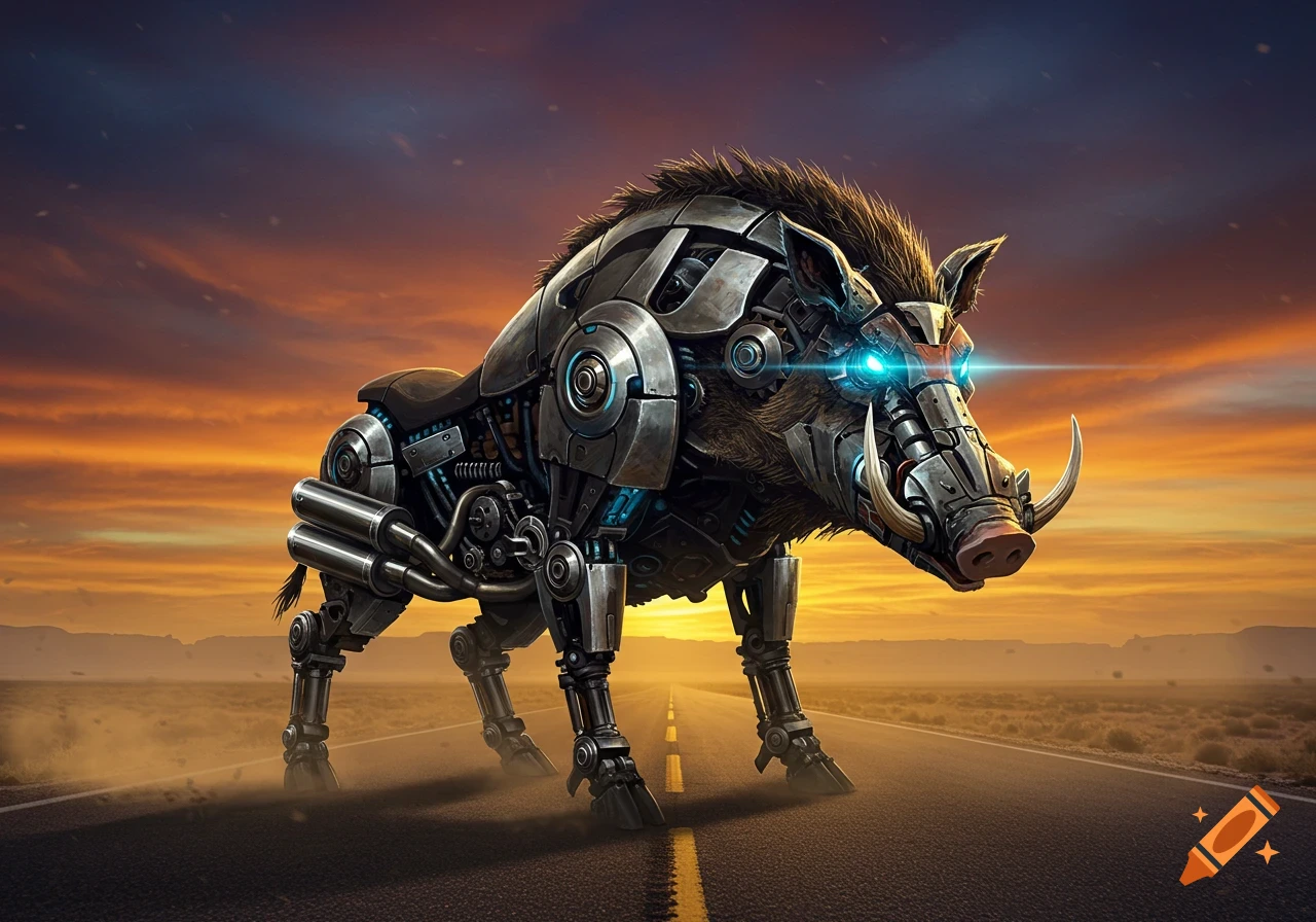 A highly detailed robotic boar with glowing blue eyes stands on a desert road at sunset.