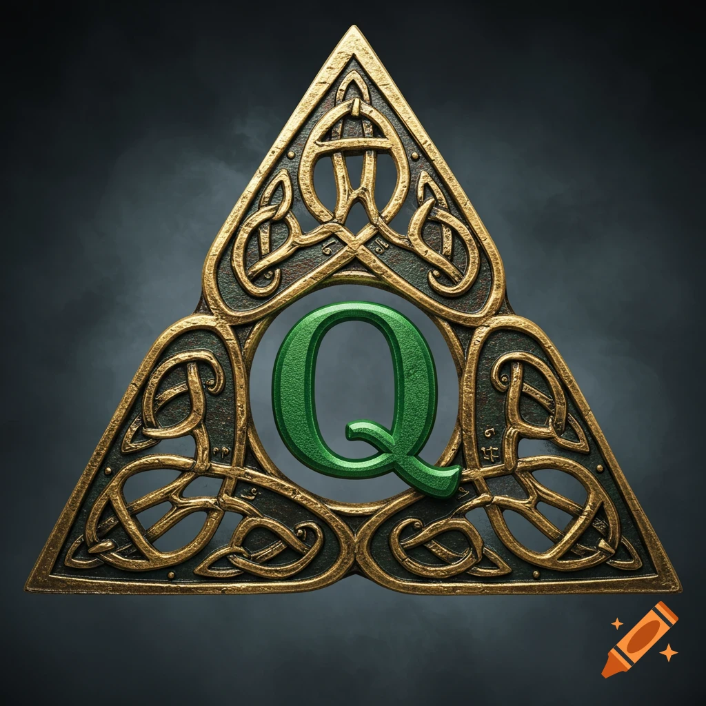 A vibrant green letter Q centered within an ornate bronze and dark green Celtic knot triangle against a smoky dark background.
