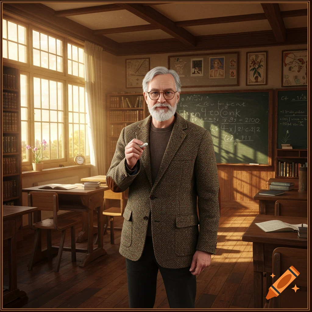 A photorealistic image of an older male teacher with a beard and glasses, holding chalk in a sunlit classroom.