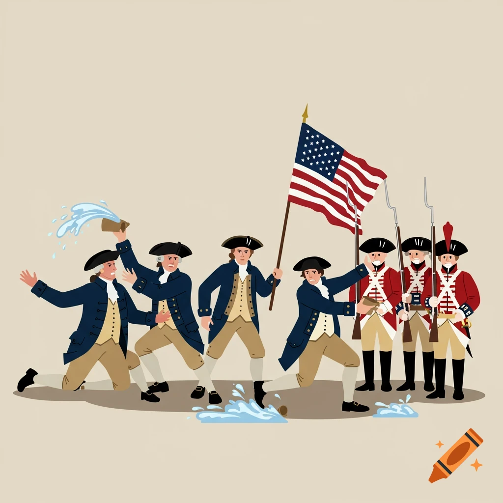 Flat illustration of American colonists throwing water at British soldiers while one holds a US flag.
