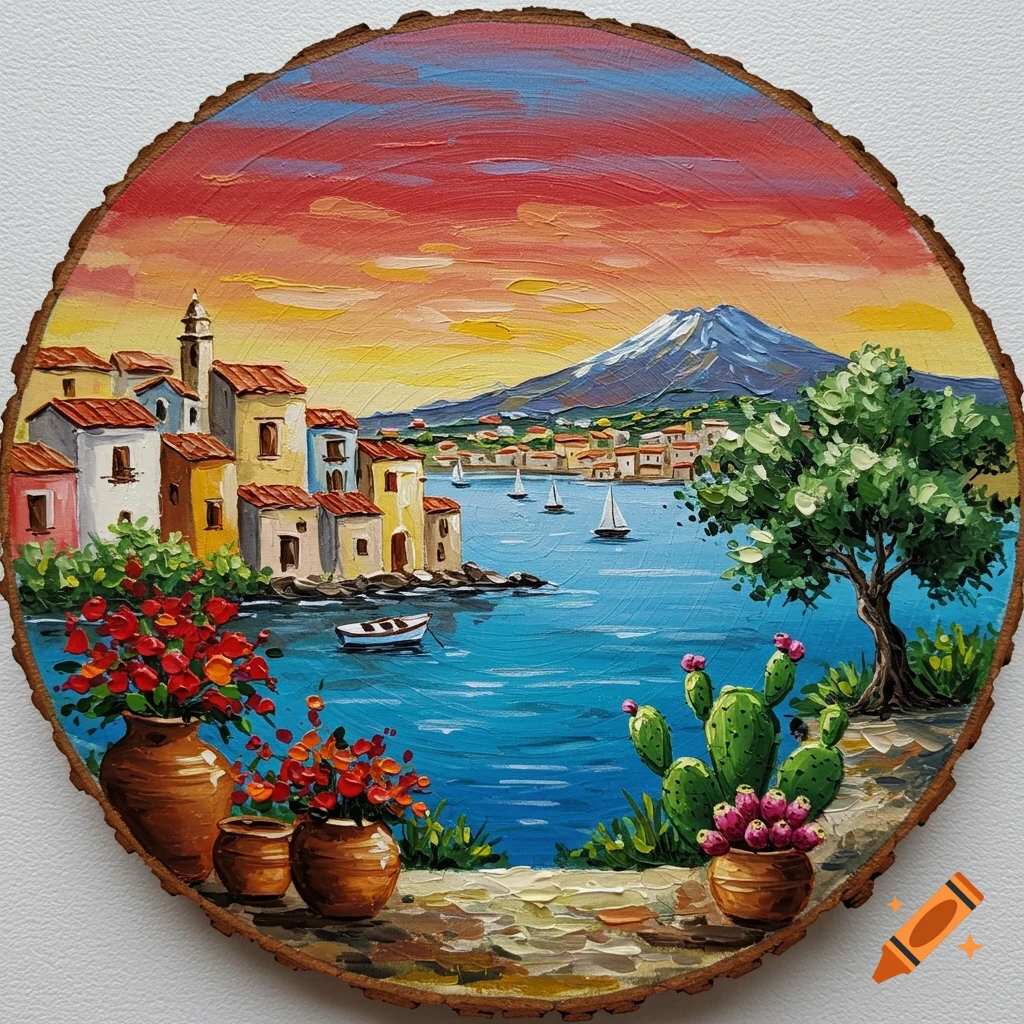A vibrant, thick impasto painting on a round wood slice depicts a Mediterranean village by the sea at sunset, with boats, a volcano, an olive tree, cacti, and floral pots.