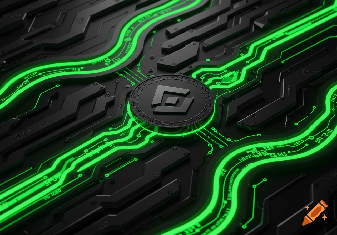 A black circuit board with bright green glowing lines and a central dark medallion featuring a geometric cryptocurrency symbol.