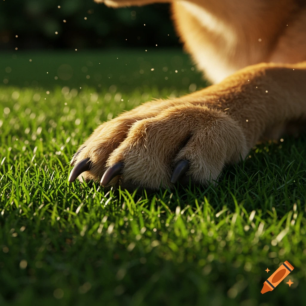 A realistic close-up of a dog's furry paw with claws on vibrant green grass under natural light with bright bokeh.