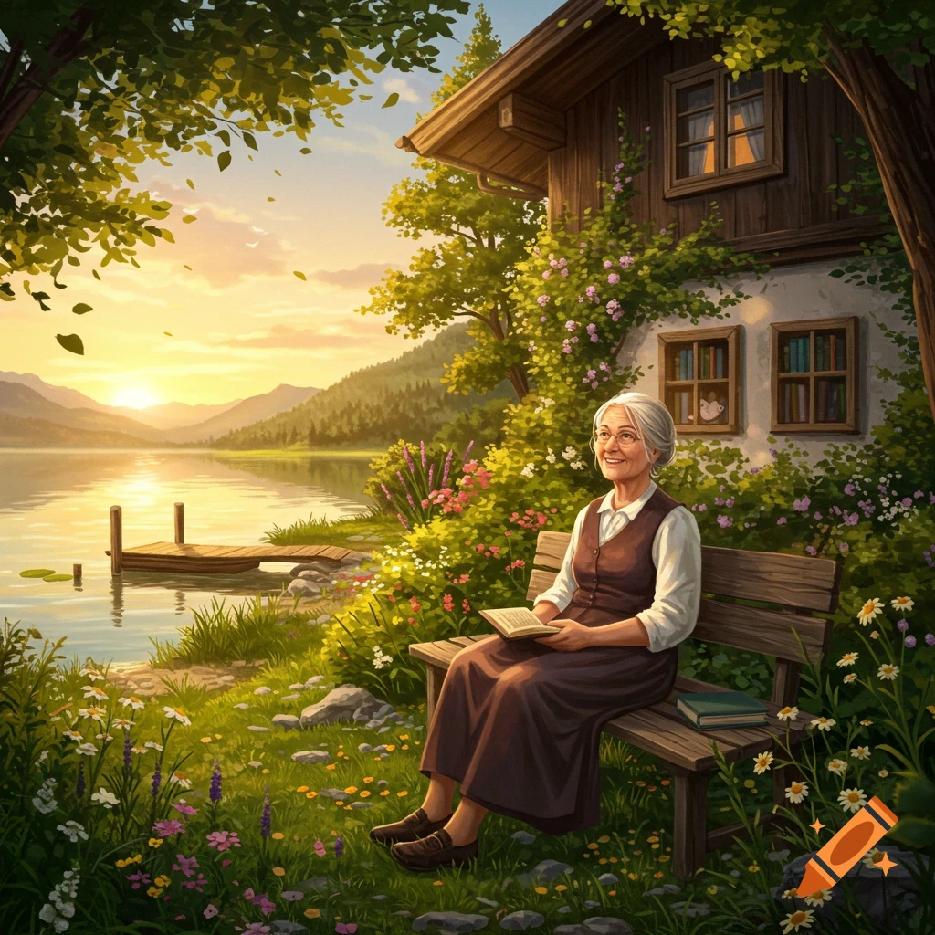Elderly woman reads a book on a bench by a lake at sunset, next to a rustic house with flowers and trees. Illustration.