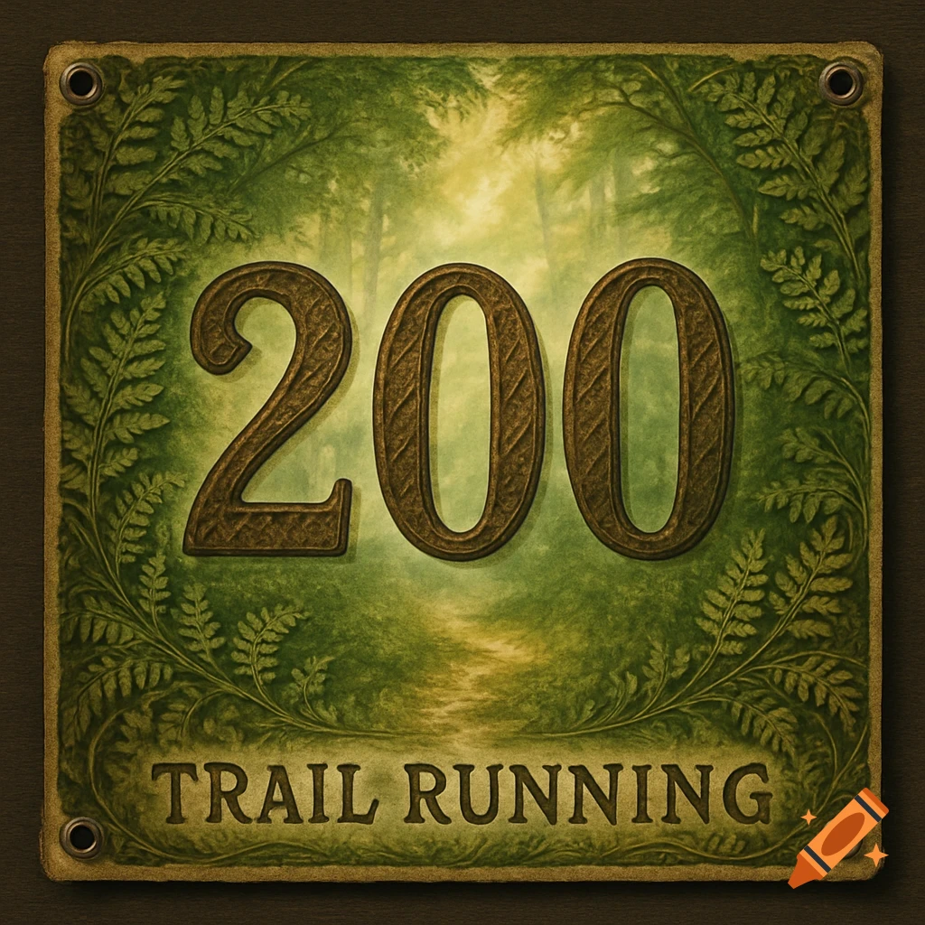 A rustic green plaque or bib with the number 200 and text 'TRAIL RUNNING' surrounded by ferns against a forest path background.