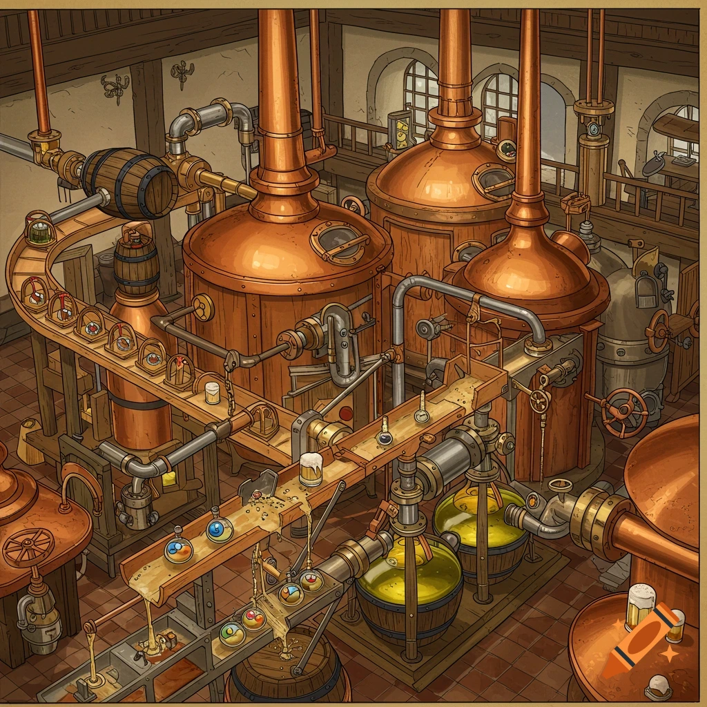 An intricate Rube Goldberg machine in a brewery, featuring copper tanks, pipes, and conveyor belts in an orthographic perspective.