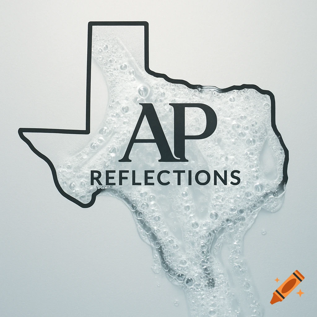 An outline of the state of Texas filled with soap suds, with the text 'AP REFLECTIONS' overlayed in black.