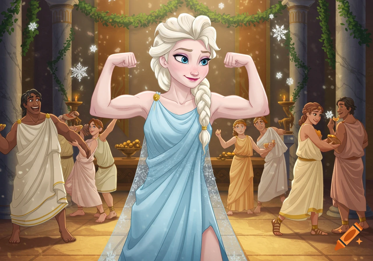 Elsa, a blonde woman, flexes her muscular arms in a blue toga dress at a toga party with other people and falling snowflakes.