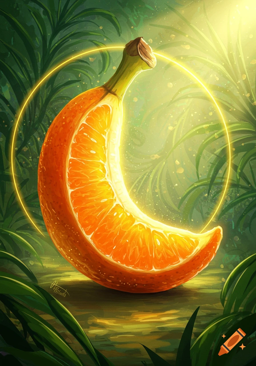 A vibrant illustration of a banana half-peeled to reveal an orange inside, glowing with a golden aura in a lush jungle setting.