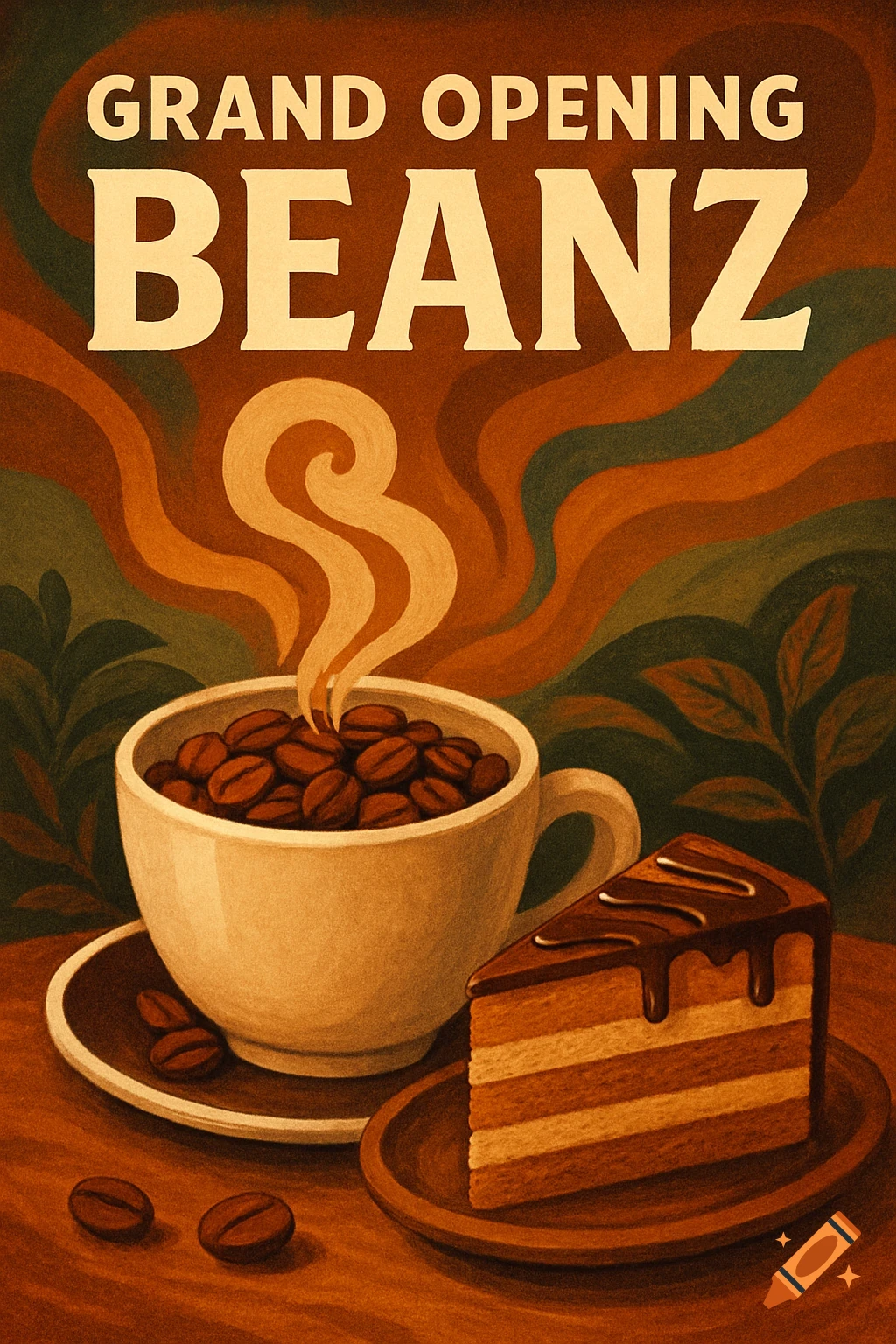 Retro-style poster for 'Grand Opening Beanz' coffee shop, featuring a cup of coffee beans and a chocolate cake slice.