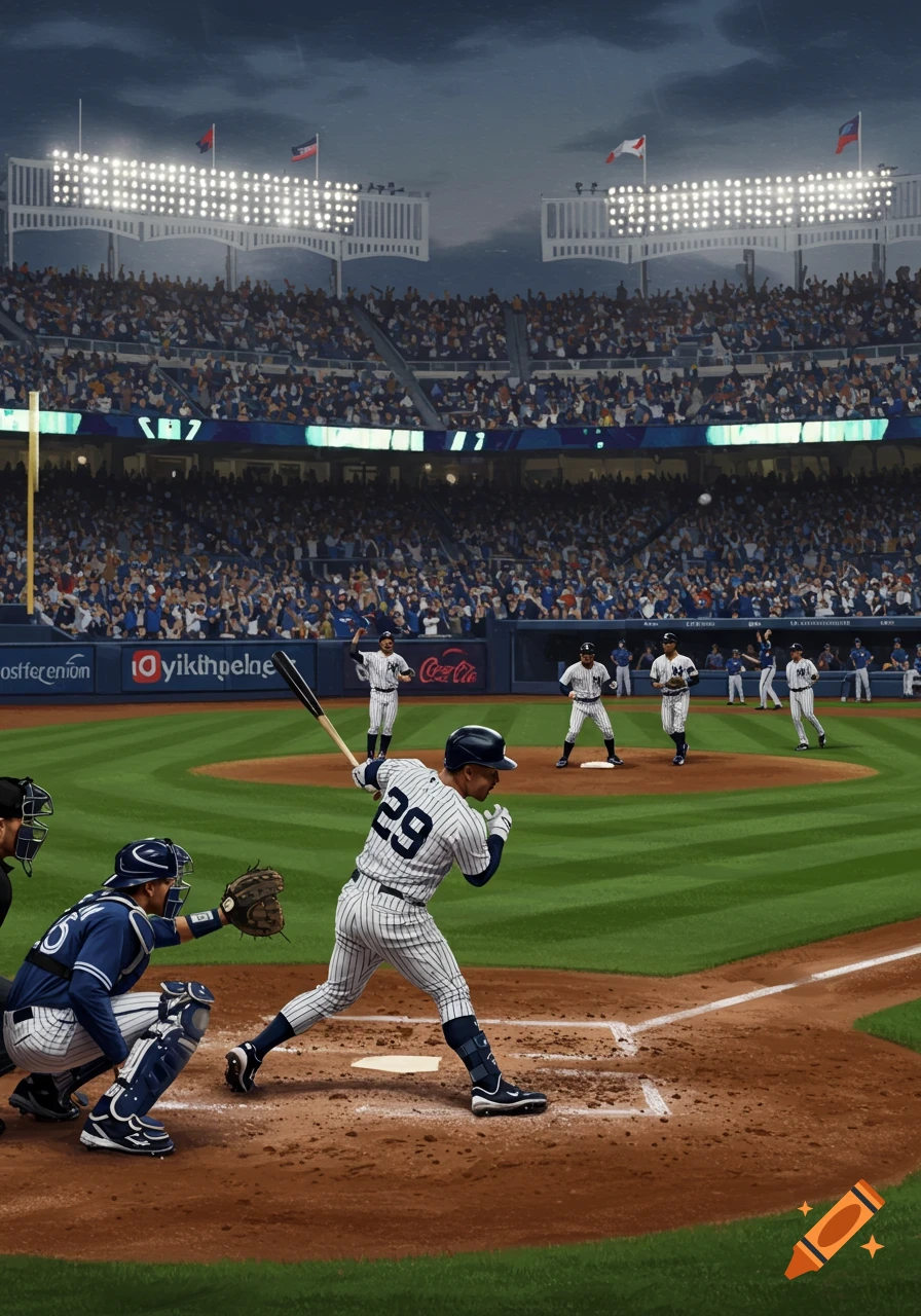 A baseball game in progress at a crowded stadium with a batter at home plate, a catcher, and fielders. Bright stadium lights illuminate the scene under a dark sky.
