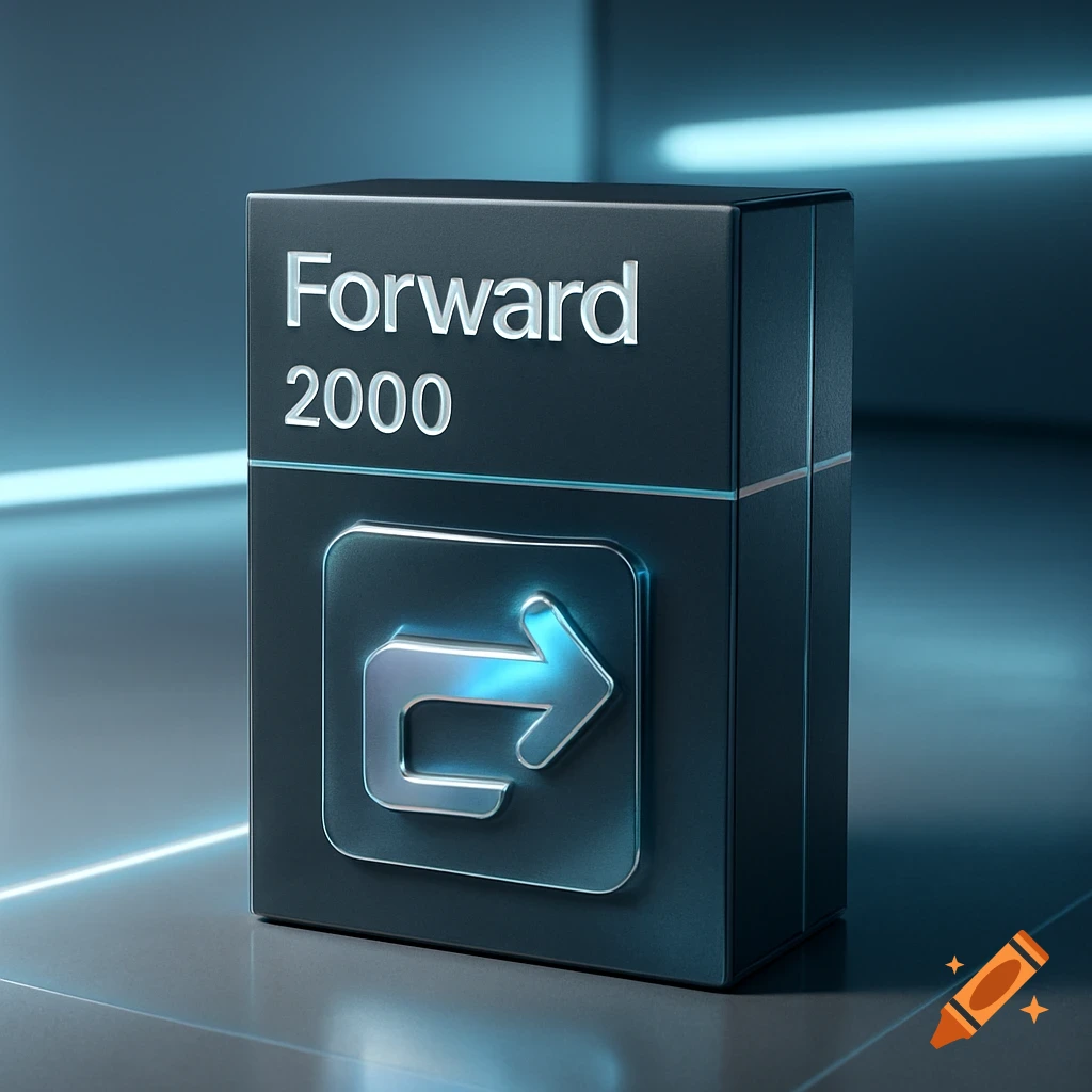 Sleek black product box labeled 'Forward 2000' with a silver forward arrow logo, glowing with blue light in a dark, futuristic setting.