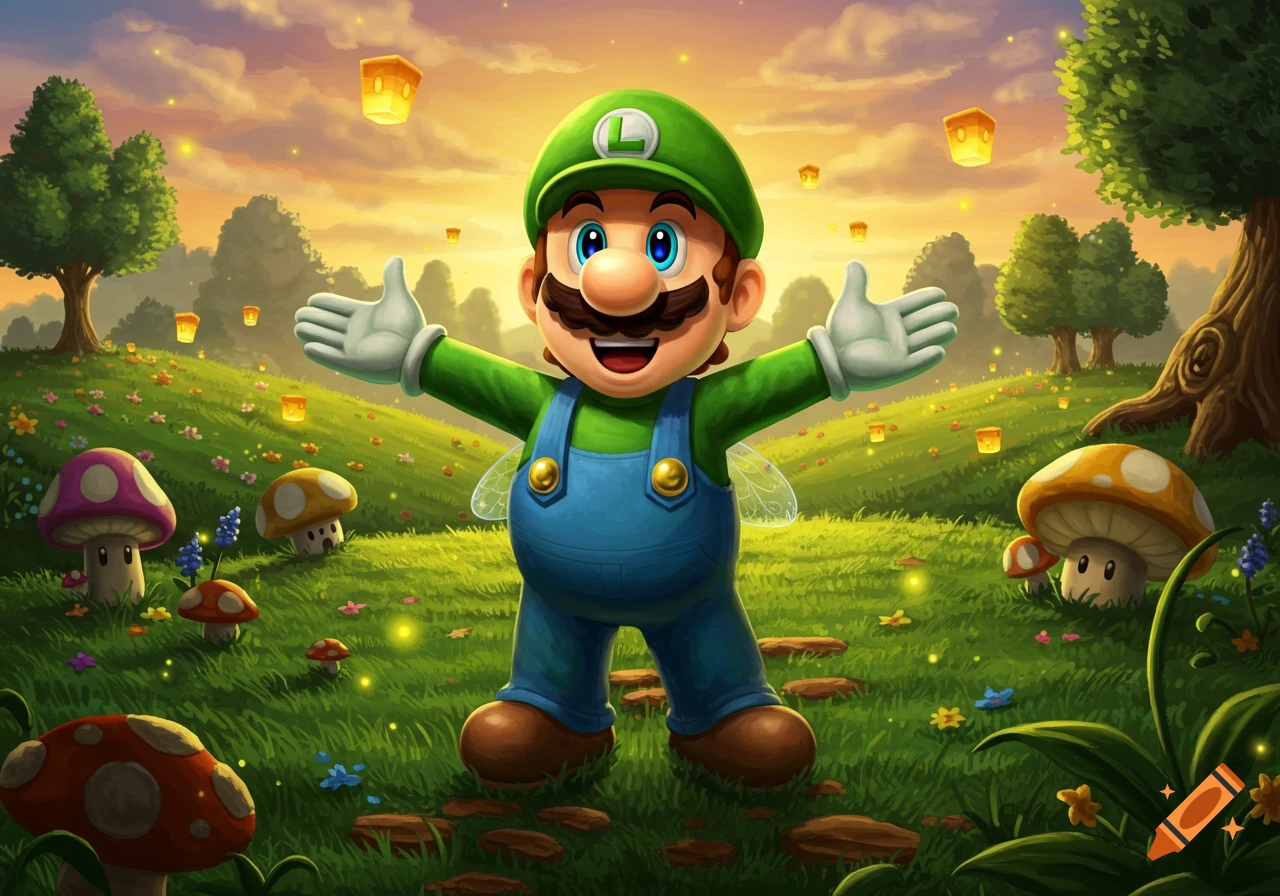 A smiling Luigi with fairy wings stands in a vibrant fantasy field with mushrooms and glowing lanterns at sunset in a cheerful cartoon style.