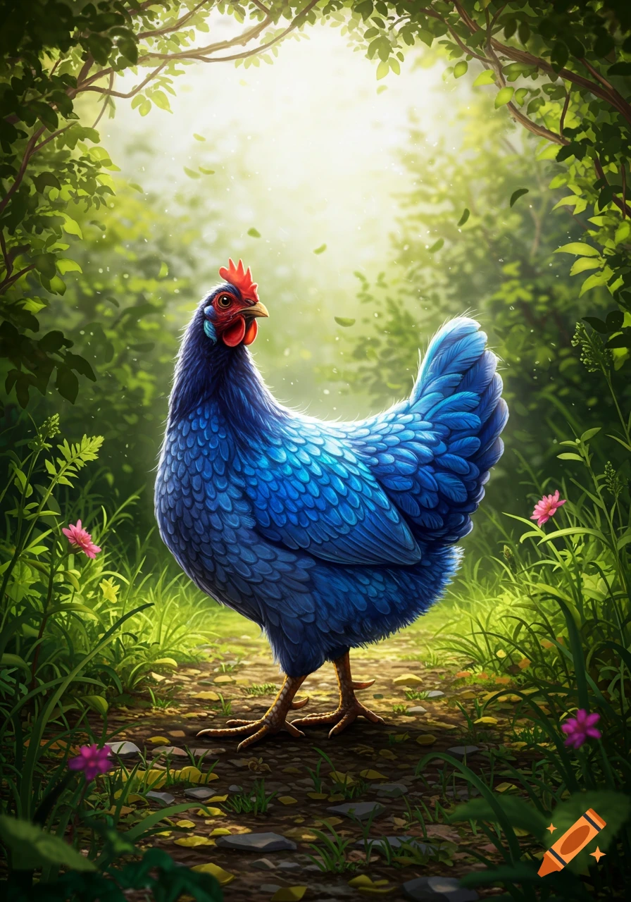 A vibrant blue chicken with a red comb and wattle stands on a dirt path in a sunlit, lush green forest with pink flowers.