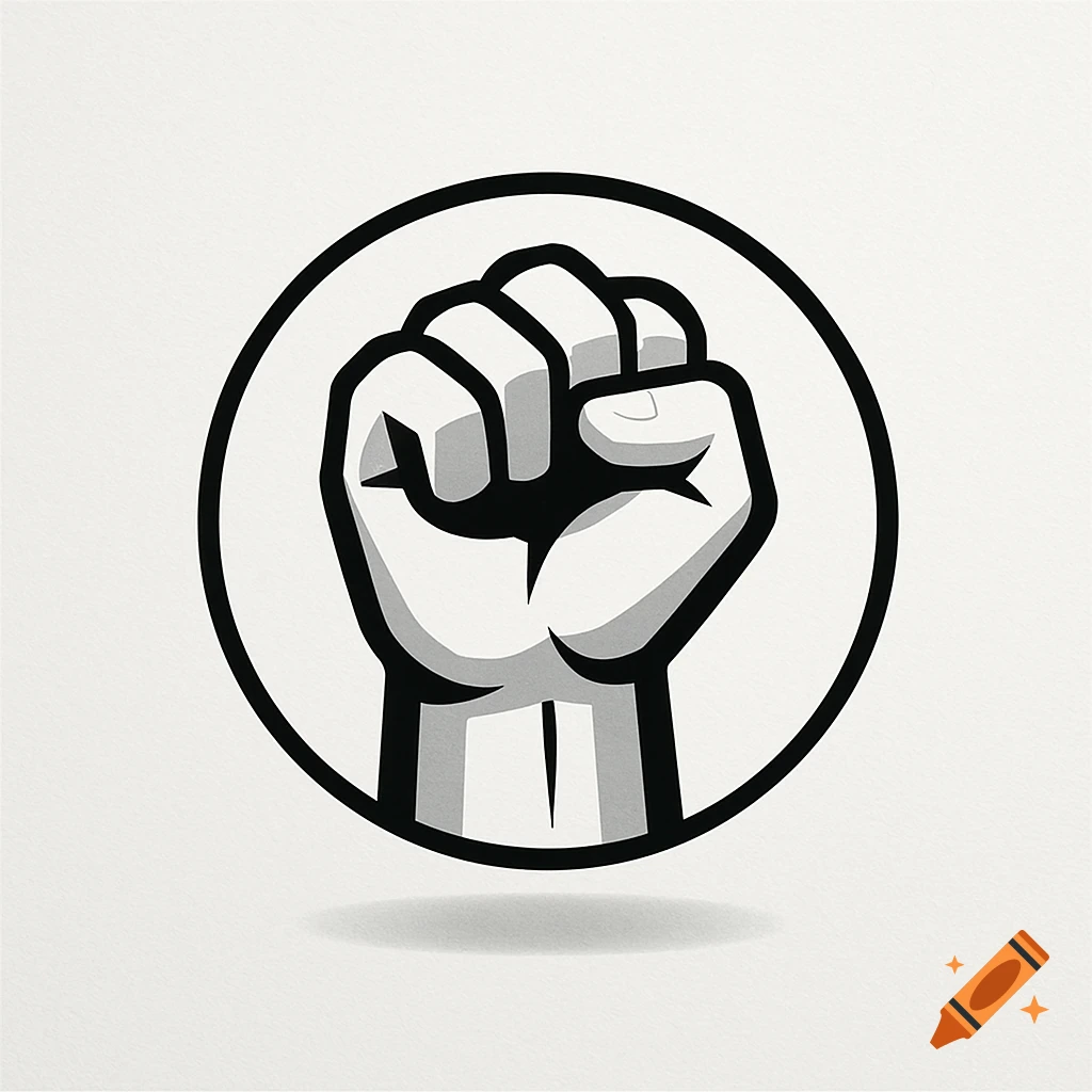 Stylized black and white logo of a raised fist inside a circle.