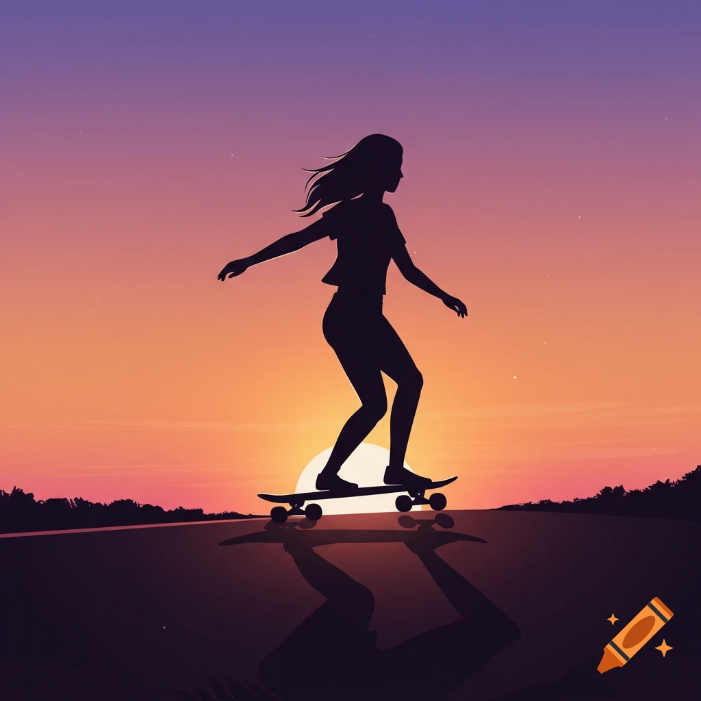 Silhouette of a girl riding a longboard against a vibrant orange and purple sunset.