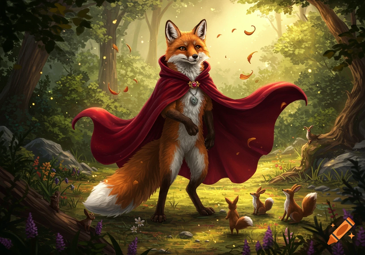 An anthropomorphic fox in a red cape stands in a sunlit fantasy forest surrounded by smaller foxes, detailed illustration.