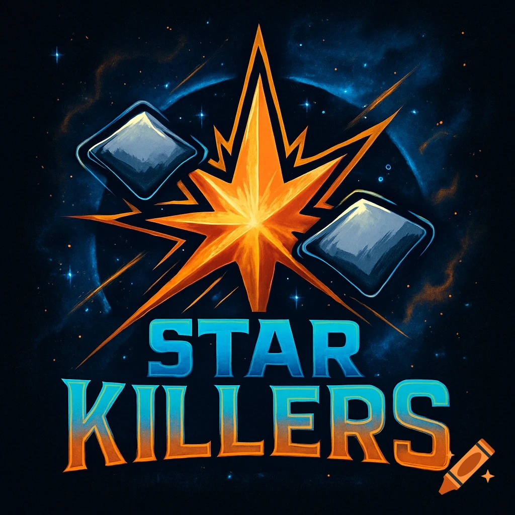 A vibrant logo with an orange starburst, two grey diamonds, and "STAR KILLERS" text against a dark, starry space background.