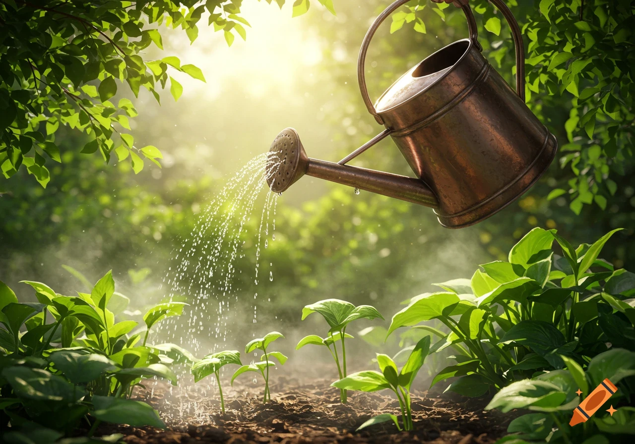 A rustic watering can pouring water onto small green plants growing in sunlit soil, surrounded by lush foliage.