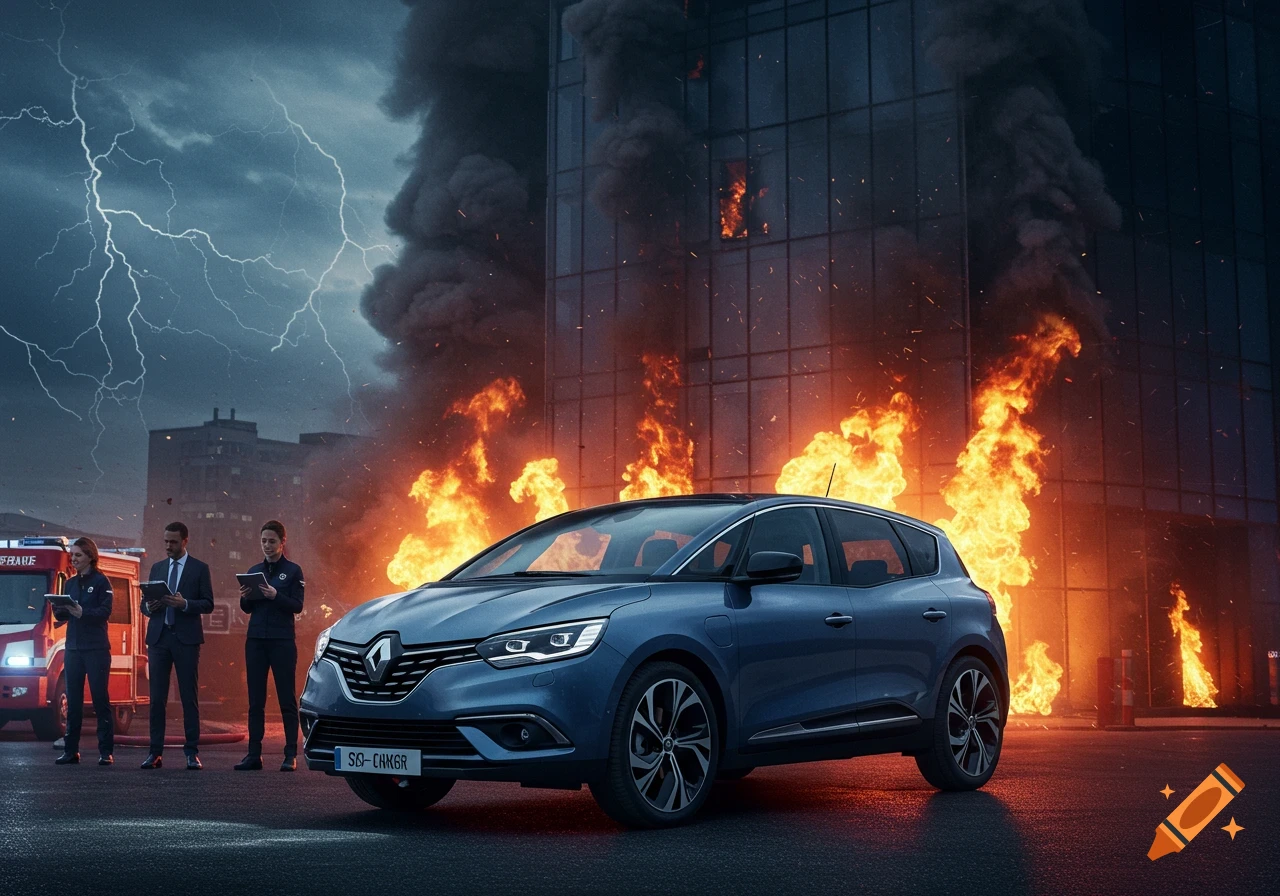 A blue Renault Scenic electric car in front of a burning building with experts and a fire truck under a stormy sky with lightning.