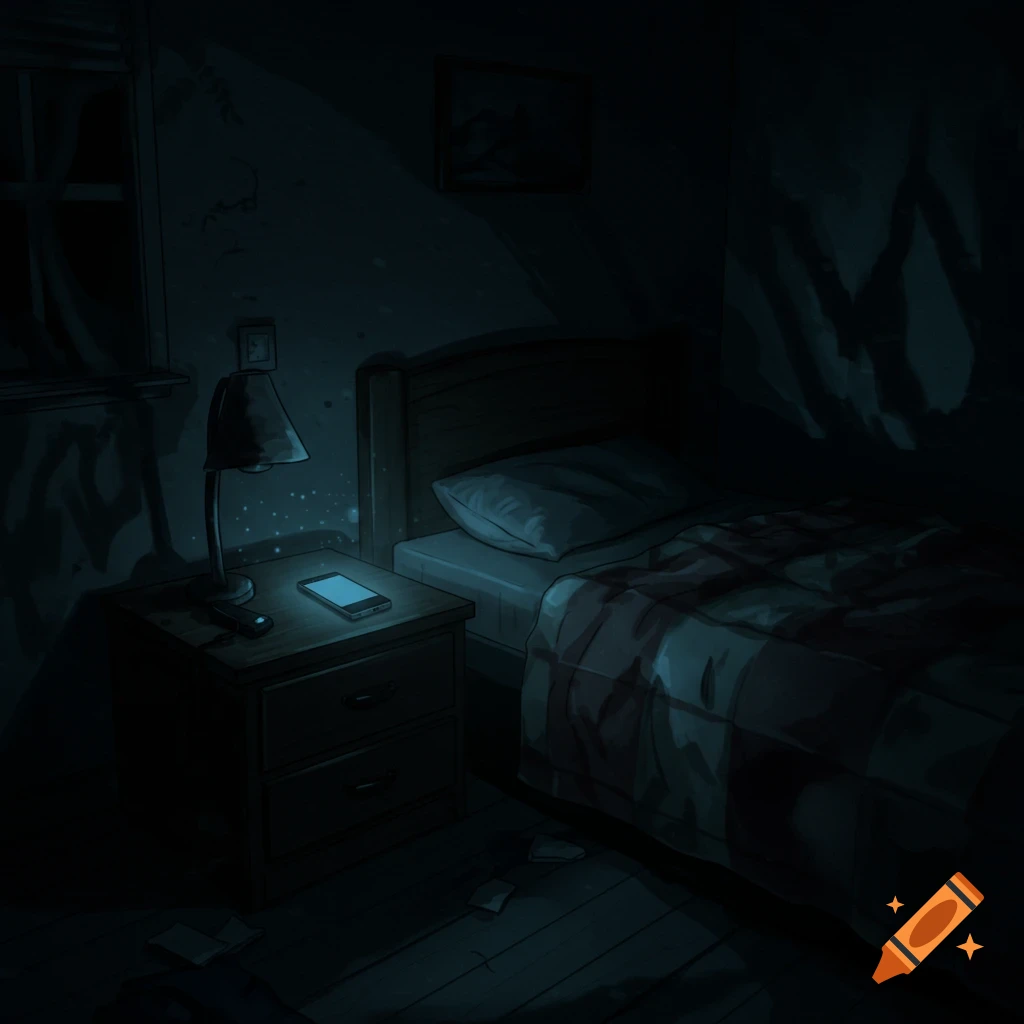 A dark, eerie bedroom at night with a glowing smartphone on a nightstand next to the bed. Shadows stretch across the walls.