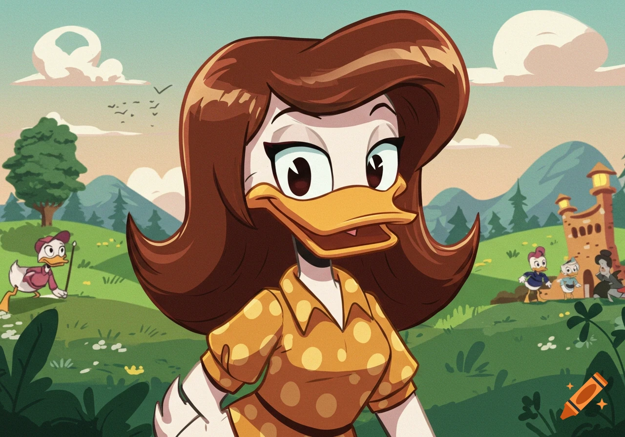 A smiling female duck with brown hair and a yellow polka dot dress stands in a green, hilly landscape with other cartoon ducks and a castle.