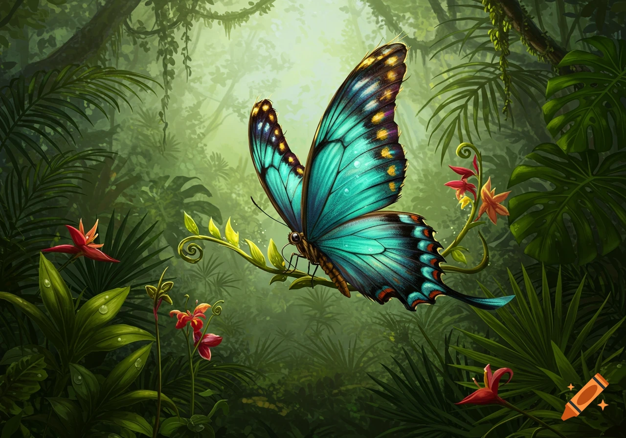 A vibrant turquoise butterfly with patterned wings rests on a winding vine amidst lush green jungle foliage and small red flowers, in an illustrative style.