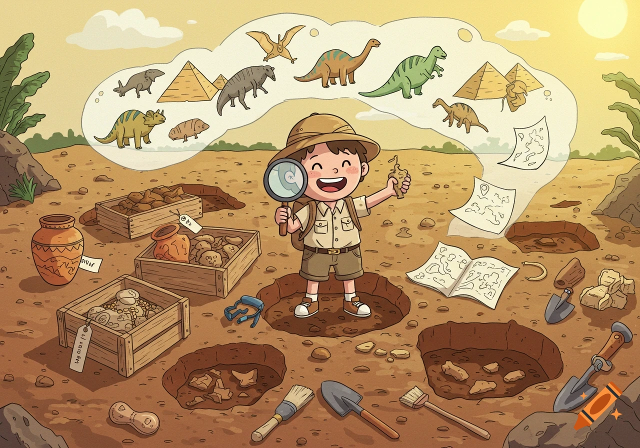 A cartoon boy archaeologist with a magnifying glass holds a dinosaur fossil  amidst excavated crates, tools, maps, and imagined dinosaurs and pyramids.  on Craiyon, image size:1280x896