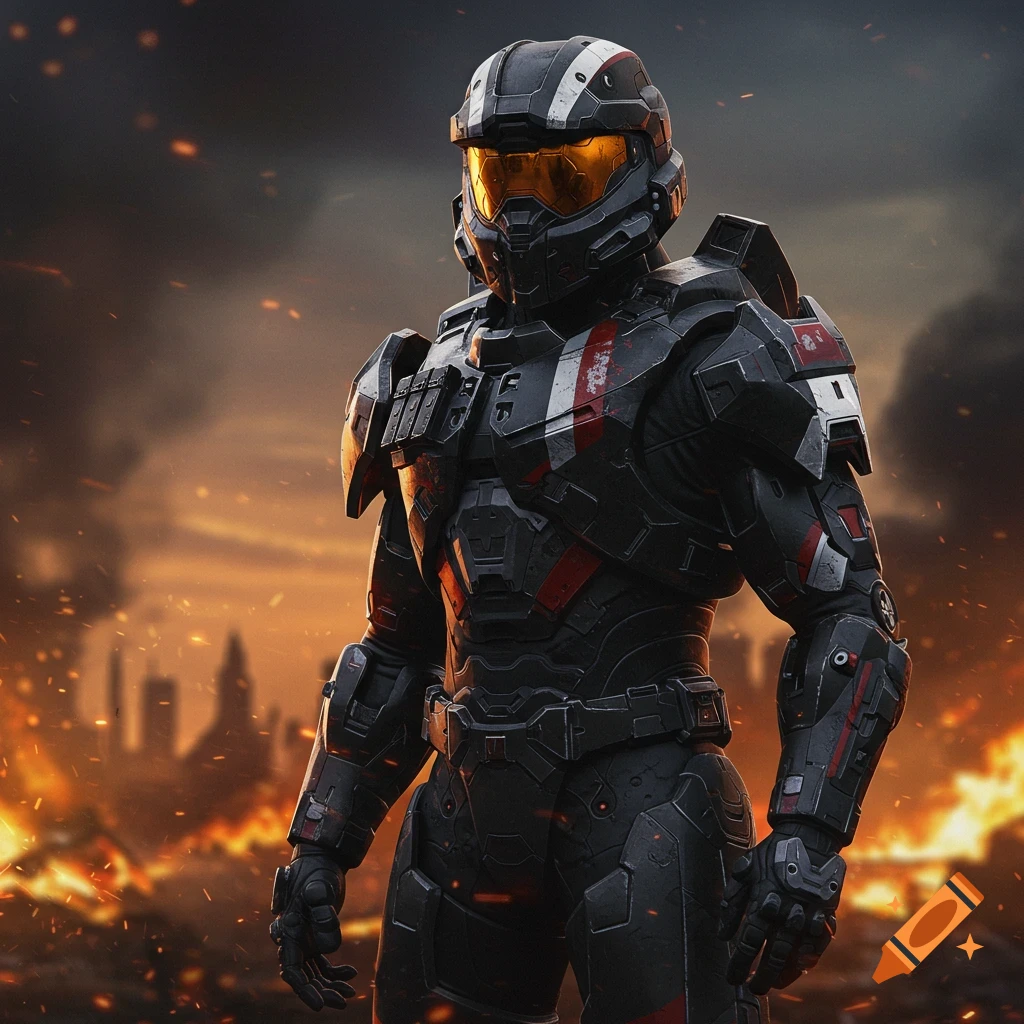 A photorealistic Spartan soldier in black, red, and white armor stands before a burning city at sunset.