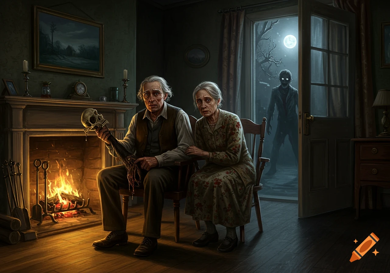 Scared old couple by a fireplace; man holds a decaying monkey's paw as a glowing-eyed zombie looms outside the open door under a full moon.