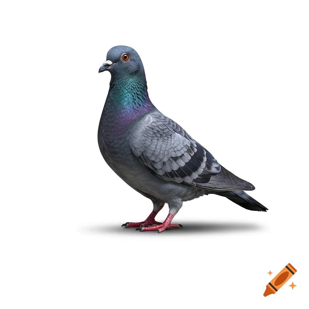 A photorealistic gray pigeon with iridescent neck feathers stands on a white background.