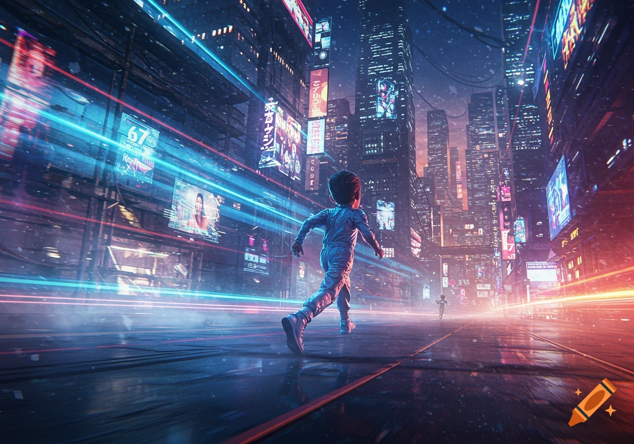 A child in a jumpsuit runs through a vibrant cyberpunk city at night, illuminated by neon signs and blue and red light trails.