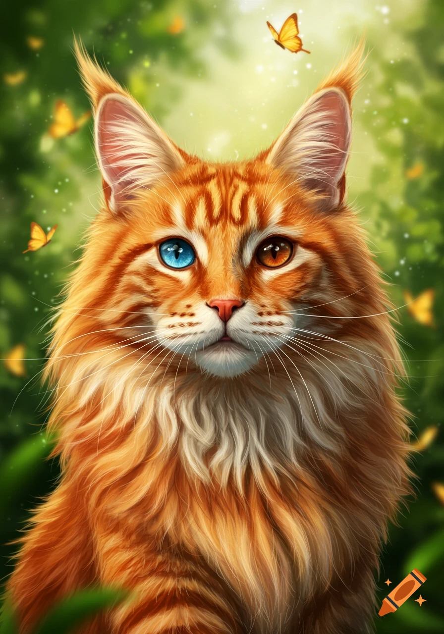 Close-up of a fluffy ginger Maine Coon cat with one blue eye and one brown eye, surrounded by green foliage and butterflies.
