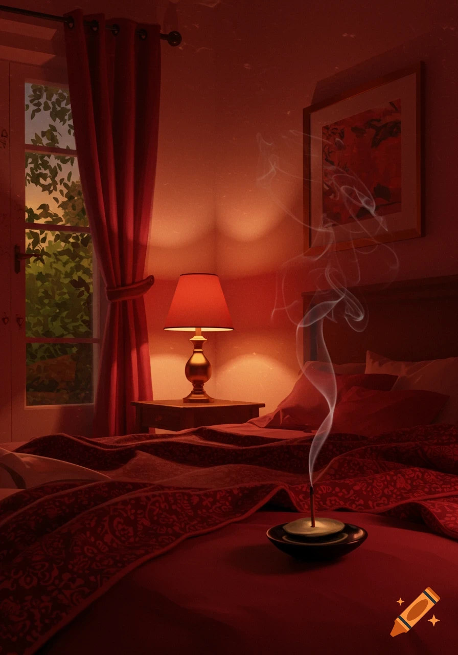 A calming red bedroom with a lit bedside lamp, patterned bedspread, and incense smoke rising from a holder on the bed.