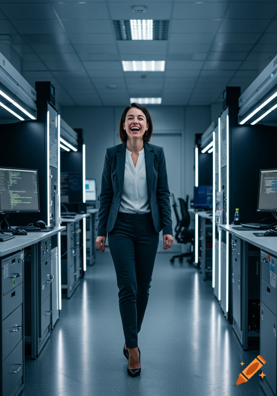 A smiling woman in a business suit walks down the aisle of a server room or data center, looking at the viewer.