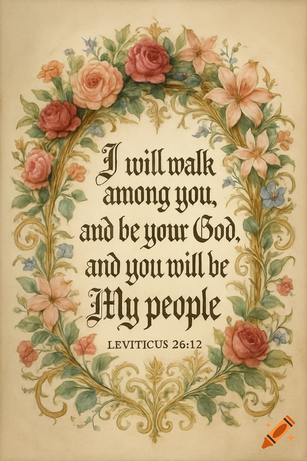 Calligraphic Bible verse Leviticus 26:12 within a watercolor floral wreath on aged paper.