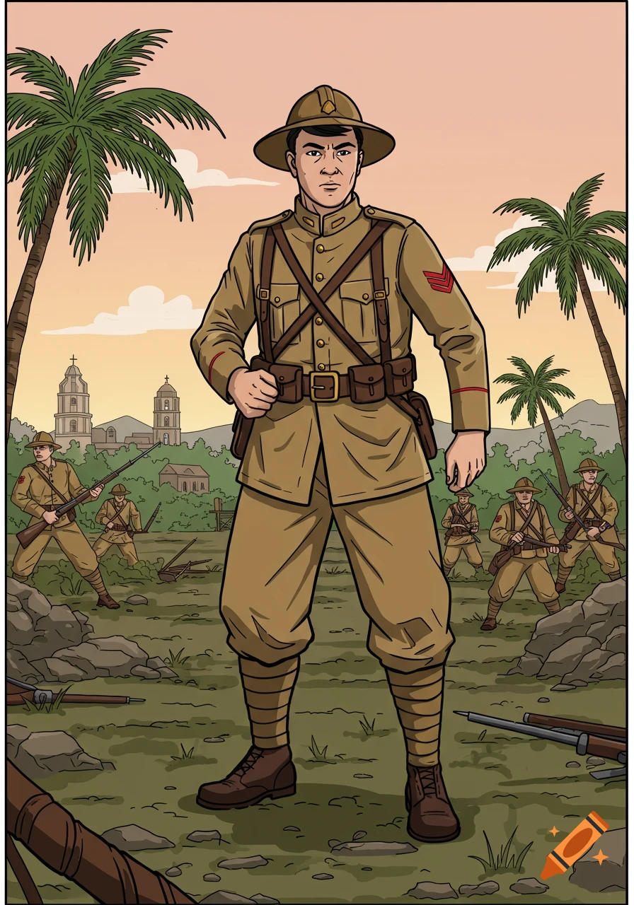 Cartoon illustration of a Filipino soldier standing in a tropical war-torn landscape with other soldiers and churches.