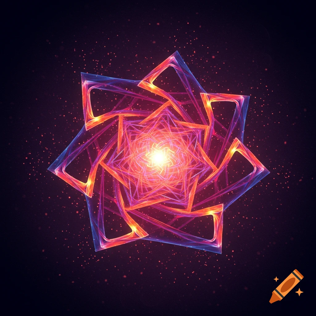 A glowing, multi-layered abstract geometric symbol with radiating light, featuring interwoven blue and orange lines against a dark, star-dusted background.