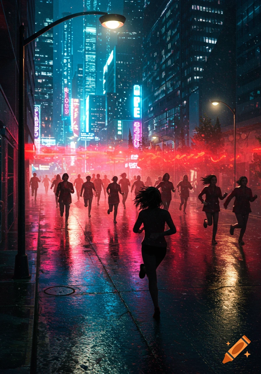 A woman runs from a crowd on a wet city street at night, lit by neon pink and blue lights, in a cyberpunk style.