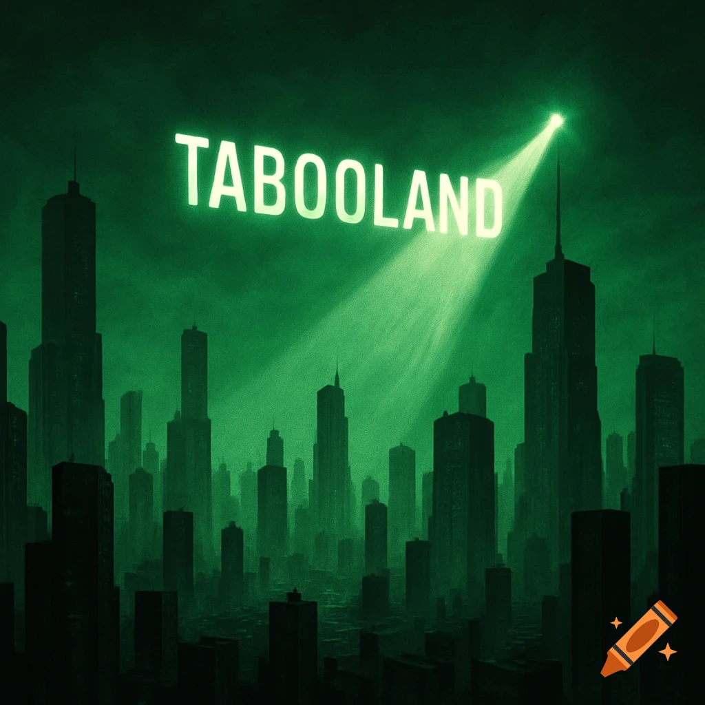 A dark green cityscape at night with a spotlight illuminating the word 'TABOOLAND' in the sky.