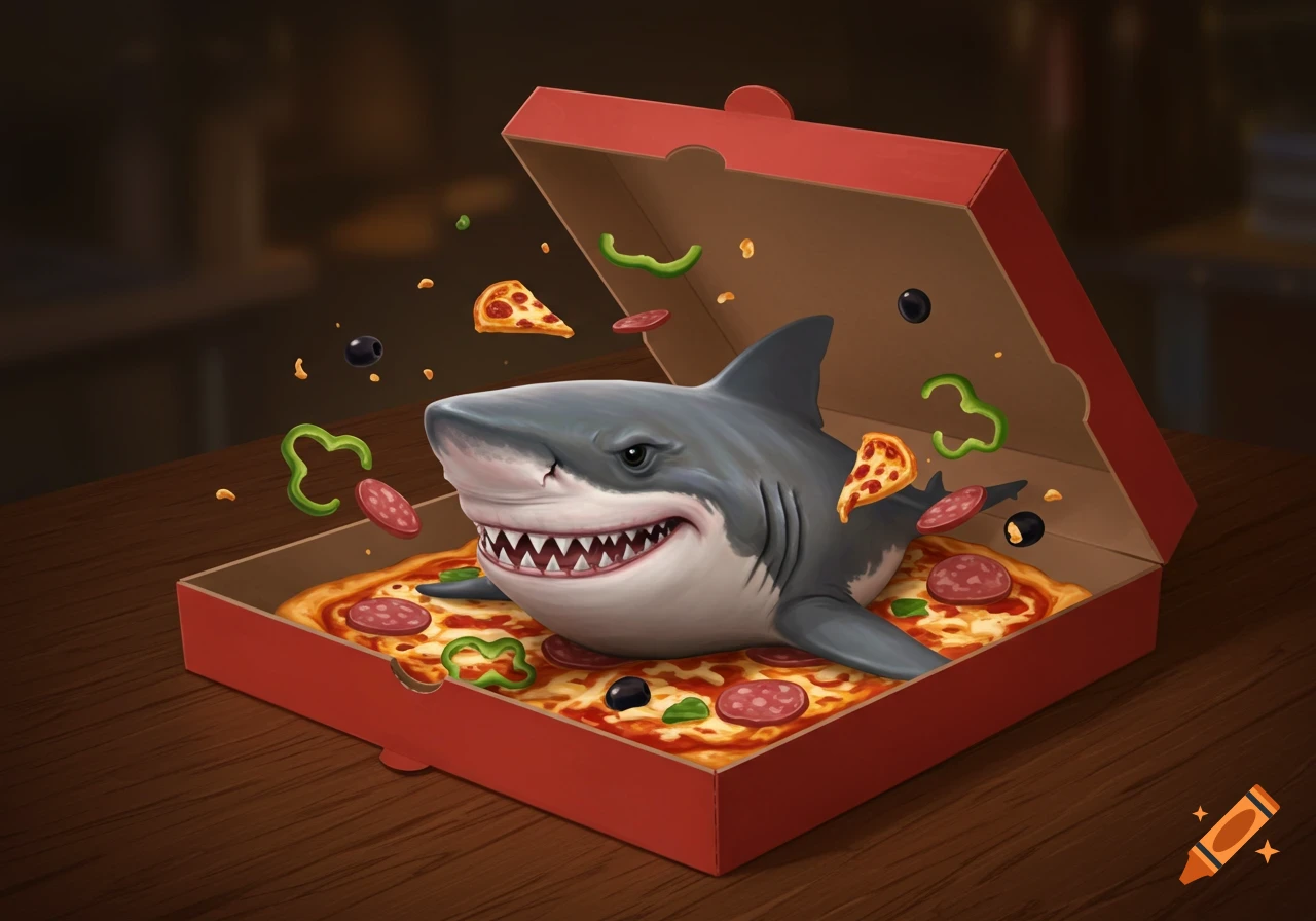 Cartoon great white shark smiling in an open pizza box filled with pizza, with toppings floating around.