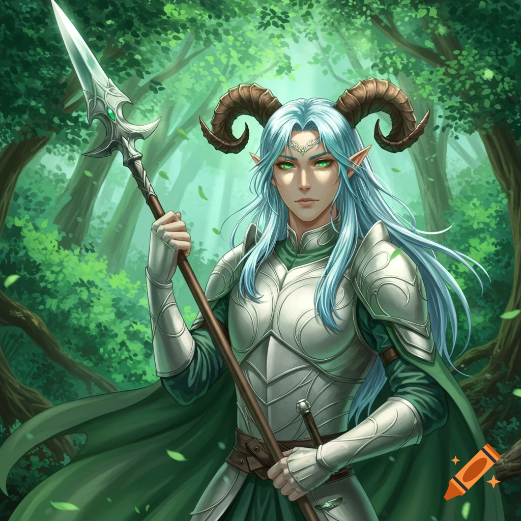An anime-style male faun with horns, silvery blue hair, and green eyes, wearing light armor and holding a spear in a forest.