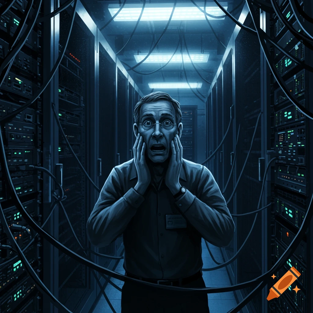 An illustrated man in a server room, holding his face in panic amidst a tangle of cables.