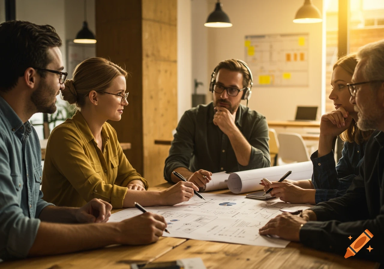 Five diverse professionals collaborating at a wooden conference table, reviewing blueprints with pens in a sunlit office.