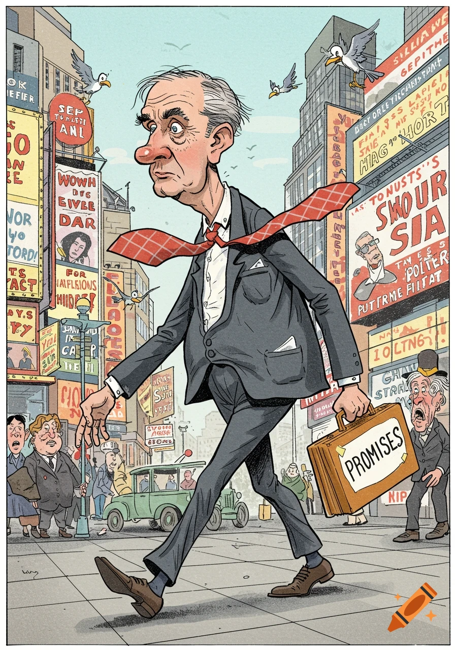 A cartoon man in a suit with a long nose walks through a city street, carrying a briefcase labeled 'PROMISES'.